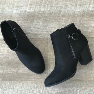 Soda Zipper Pull Black Suede Heel Ankle Bootie